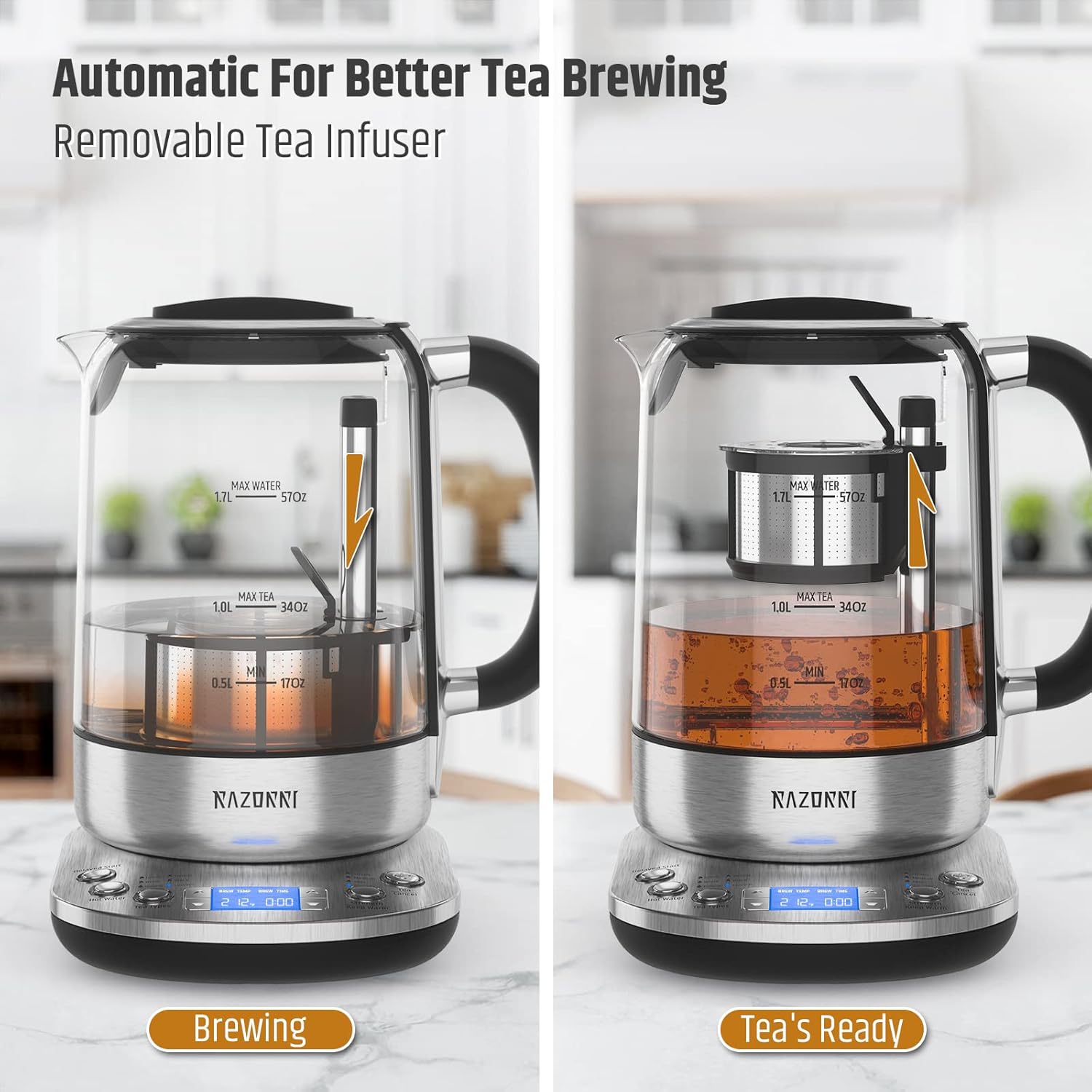 Electric Tea Maker 1.7L with Automatic Infuser, Stainless Steel Glass Kettle Q525323