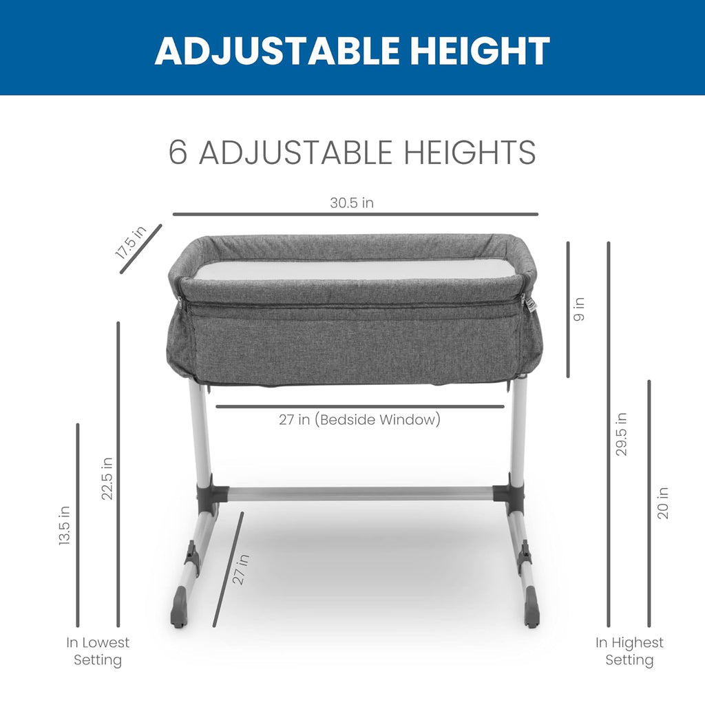 Simmons Kids Dream Bedside Bassinet with Zip-Down Side Wall, Breathable Mesh, Adjustable Heights, Lightweight Portable Crib, Grey C438517