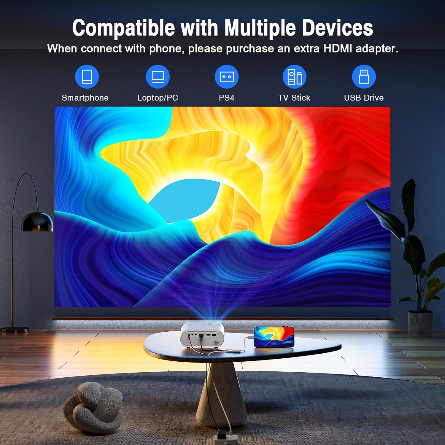 Mini Projector, 1080P Full HD, 50% Zoom, HDMI/USB/AV Compatible E16355