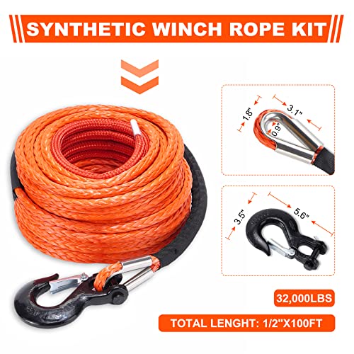 Synthetic Winch Rope Kit 1/4" x 50ft with Protective Sleeve and Heavy Duty Hook T461