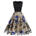 Vintage Dress for Women,V Neck Sleeveless Mesh Floral Embroidery Dress Knee Length Swing Party Cocktail Dresses