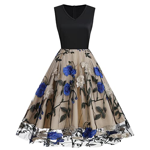 Vintage Dress for Women,V Neck Sleeveless Mesh Floral Embroidery Dress Knee Length Swing Party Cocktail Dresses