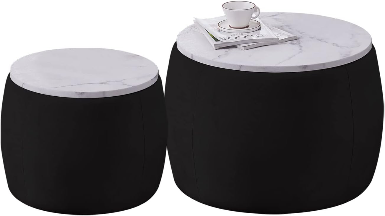 Round Coffee Table Set of 2 Nesting Storage Ottoman for Living Room, Modern Circle Ottoman Drum Side Table End Table, Velvet Fabric T38852