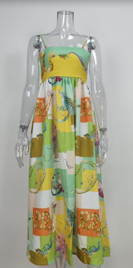 Women Spaghetti Strap Graffiti Maxi Dress L633