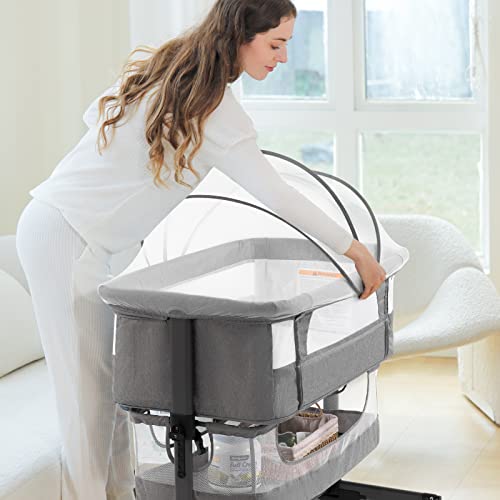 Baby Bassinet Bedside Sleeper, 3 in 1 Convertible, Newborn Crib Attaches to Bed, Pink S698