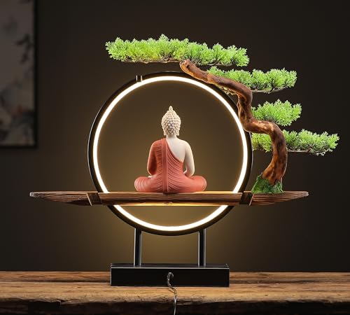 White Buddha Statue with Green Artificial Tree and LED Circle Table Lamp, Indoor Ceramic Home Decor, 16.5 in F350