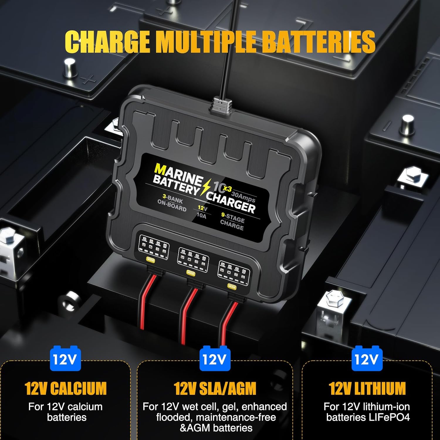 12V 30A 3-Bank Marine Battery Charger, Waterproof Onboard R9536