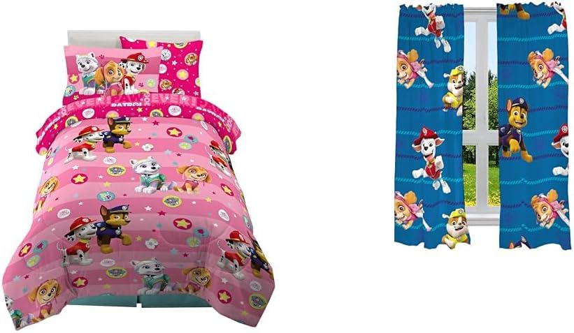 Paw Patrol Girls Twin Bedding Set with Reversible Comforter, Flat & Fitted Sheets, Pillowcase & Sham + Window Curtains with Marshall, Chase, Skye & Rubble