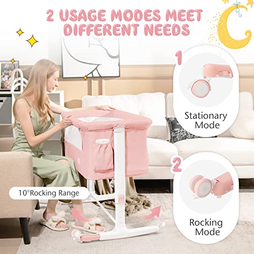 3 in 1 Folding Bassinet Bedside Sleeper with Adjustable Height, Mattress, Wheels, Storage & Carry Bag (Pink) D6125