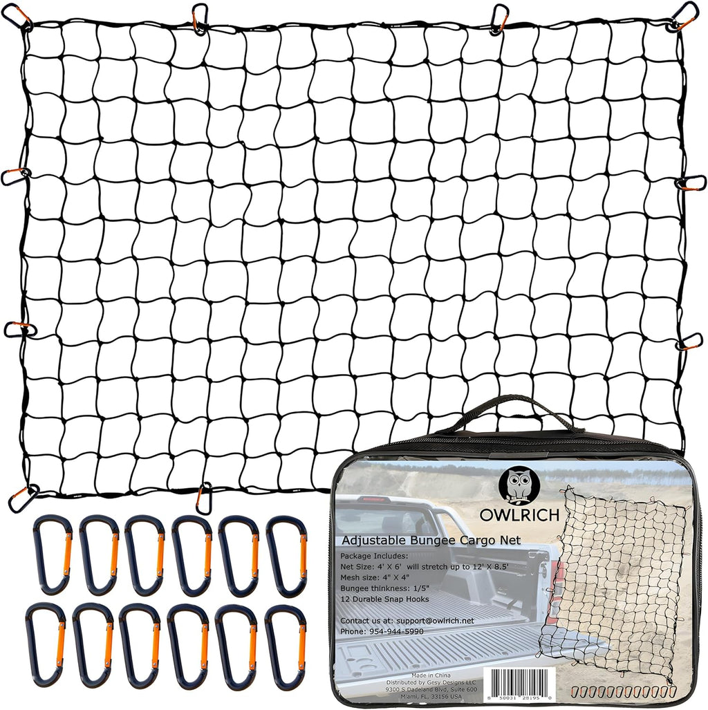 Heavy Duty Cargo Net for Pickup Truck Bed - 4'x6' Stretches to 12'x8.5' - Durable 4”x4” Latex Mesh Bungee Netting with 12 Metal Carabiners - Versatile for Dodge RAM, Ford, Chevy, Toyota & More