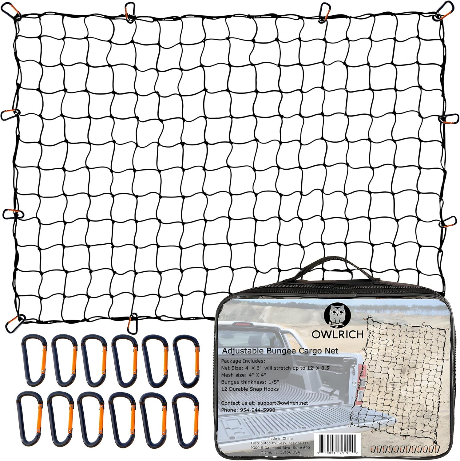 Heavy Duty Cargo Net for Pickup Truck Bed - 4'x6' Stretches to 12'x8.5' - Durable 4”x4” Latex Mesh Bungee Netting with 12 Metal Carabiners - Versatile for Dodge RAM, Ford, Chevy, Toyota & More