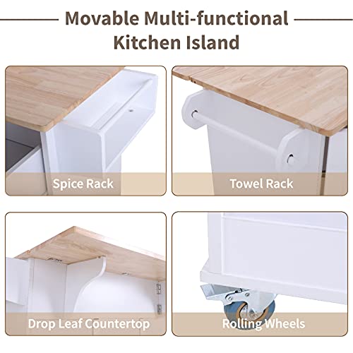 Kitchen Island with Drop Leaf on Wheels, 2 Doors & 3 Drawers, Grey Z23198