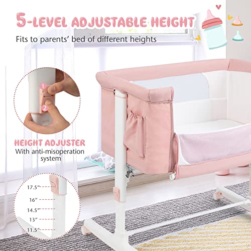 3 in 1 Folding Bassinet Bedside Sleeper with Adjustable Height, Mattress, Wheels, Storage & Carry Bag (Pink) D6125