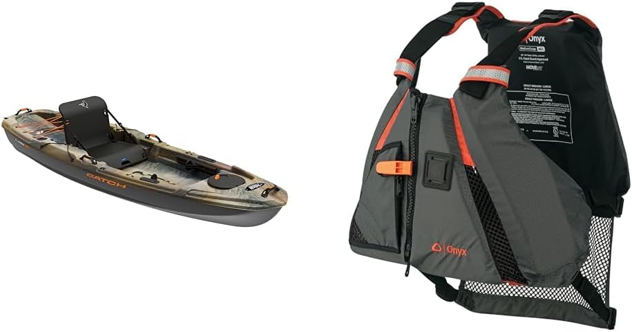 Pelican Catch Classic 100 Angler - Sit-on-Top Fishing Kayak - Ergocast Dual Position Seating System - 10 ft - Outback & Onyx MoveVent Dynamic Paddle Sports Life Vest, Orange, XL/2XL