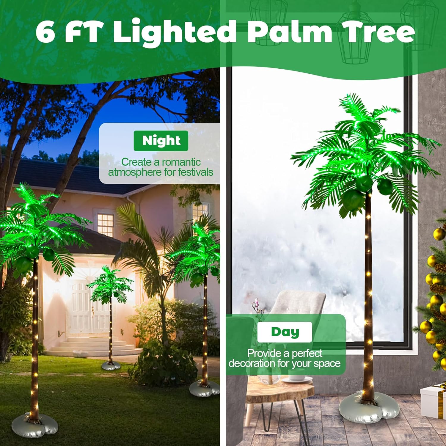 6ft Lighted Palm Tree with 3 Coconuts, 309 LED Lights, Artificial Decor for Patio, Garden, Pool G84325