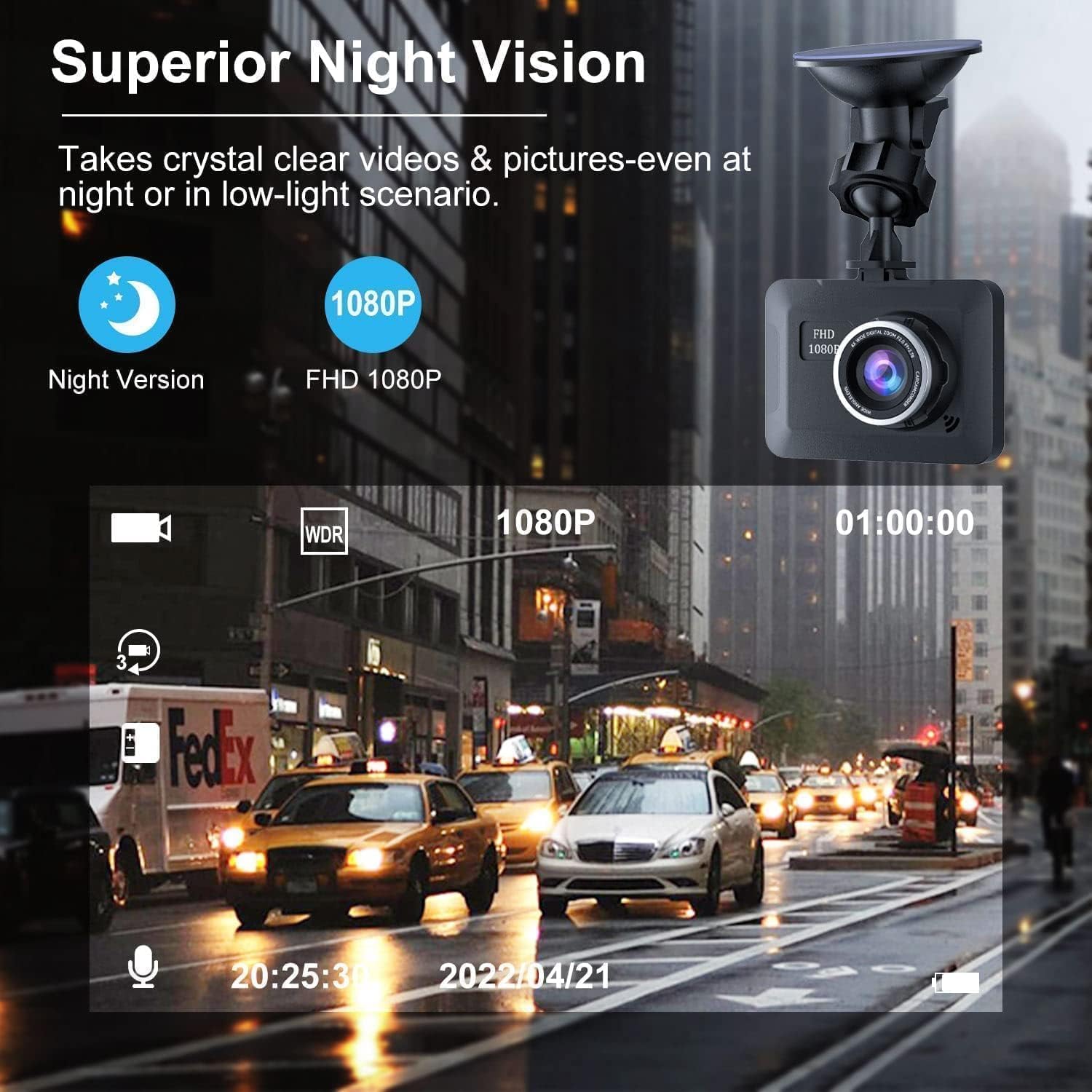 Dash Camera for Car, 1080P Full HD, 170° Wide Angle, Night Vision, Loop Recording, G Sensor H65755