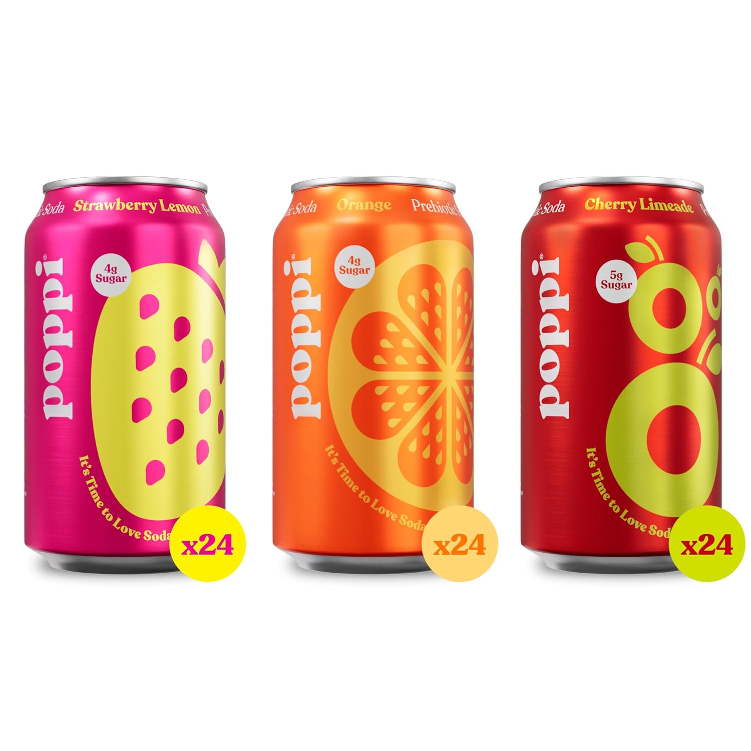 POPPI Sparkling Prebiotic Soda, Bulk 72-Pack, Strawberry Lemon, Orange, Cherry Limeade Beverages made with Apple Cider Vinegar, Low Calorie & Low Sugar Drinks, 12oz