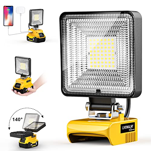 LIVOWALNY 20v Max Led Work Light for Dewalt 20v Battery, 30W 3000LM Cordless Battery Light, Flood Light Flashlight Tools 140° Adjustable Head with USB & Type C Charging Port (No Battery)