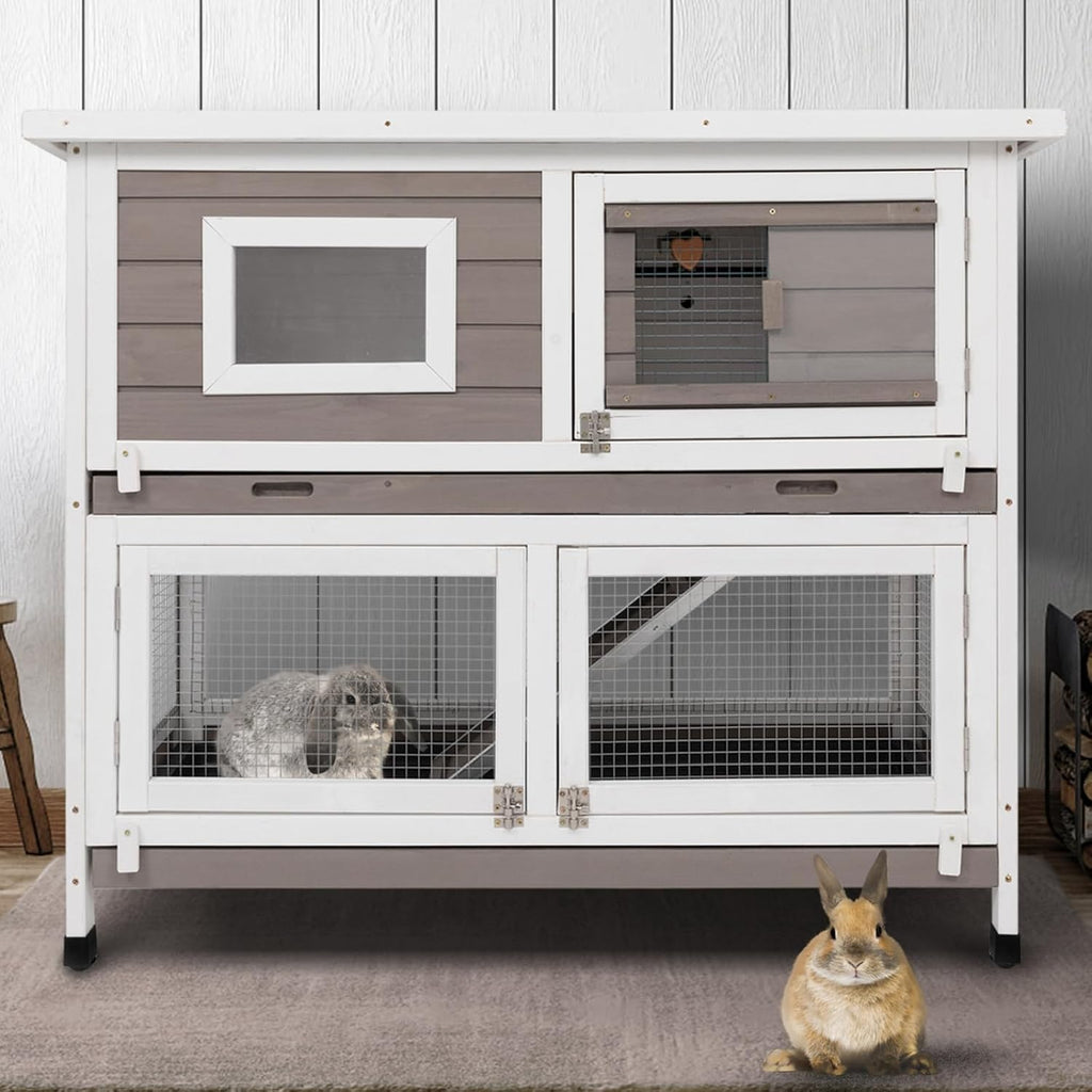 Rabbit Hutch Indoor Rabbit Cages Outdoor Bunny Cage On Wheels Two Story Weatherproof Bunny Hutch Guinea Pig Cage for Small Animals with 2 Deeper No Leak Trays Asphalt Roof