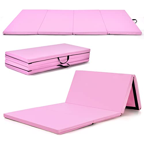 GYMAX Gymnastics Mat, 4' x 8' x 2" Folding Exercise Mat Thick w/Carry Handles & Sturdy Stitching Waterproof PU Leather Cover, Tumbling Mat for Yoga Stretching Aerobics Martial Arts Home Gym, Trifold