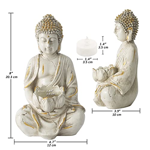Meditation Buddha Statue with LED Tea Light Candle Holder, Zen Home Decor, 8" V7174