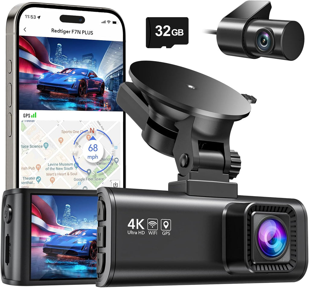 Dash Cam Front Rear, 4K/2.5K Full HD Dash Camera for Cars, Free 32GB Card, Built-in Wi-Fi GPS, 3.16” IPS Screen, Night Vision, 170°Wide Angle, WDR, 24H Parking Mode