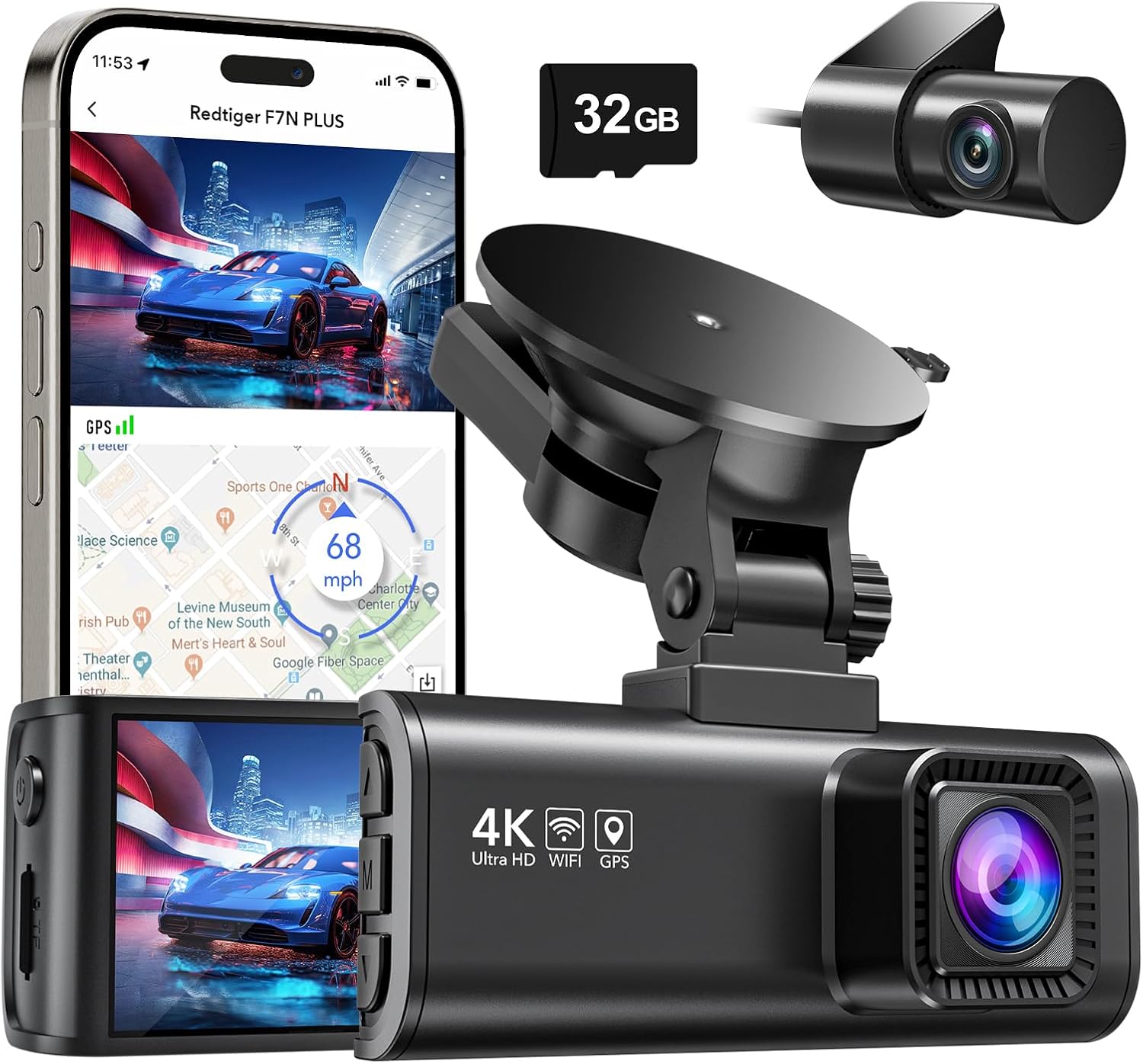 Dash Cam Front Rear, 4K/2.5K Full HD Dash Camera for Cars, Free 32GB Card, Built-in Wi-Fi GPS, 3.16” IPS Screen, Night Vision, 170°Wide Angle, WDR, 24H Parking Mode