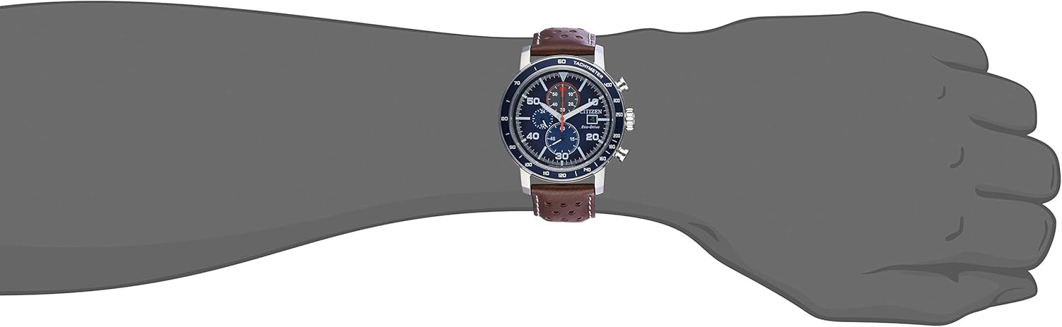 Men's Chronograph Watch with Brown Leather Strap and Blue Dial E7763