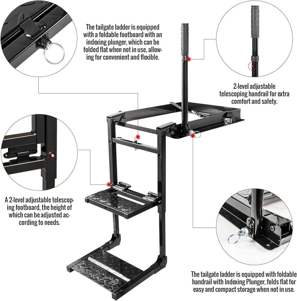 Foldable Tailgate Ladder Rack with Telescopic Handrail, 300 lb Capacity A23718