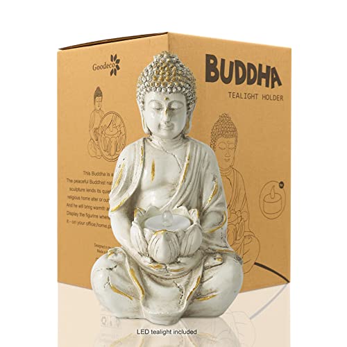 Meditation Buddha Statue with LED Tea Light Candle Holder, Zen Home Decor, 8" V7174