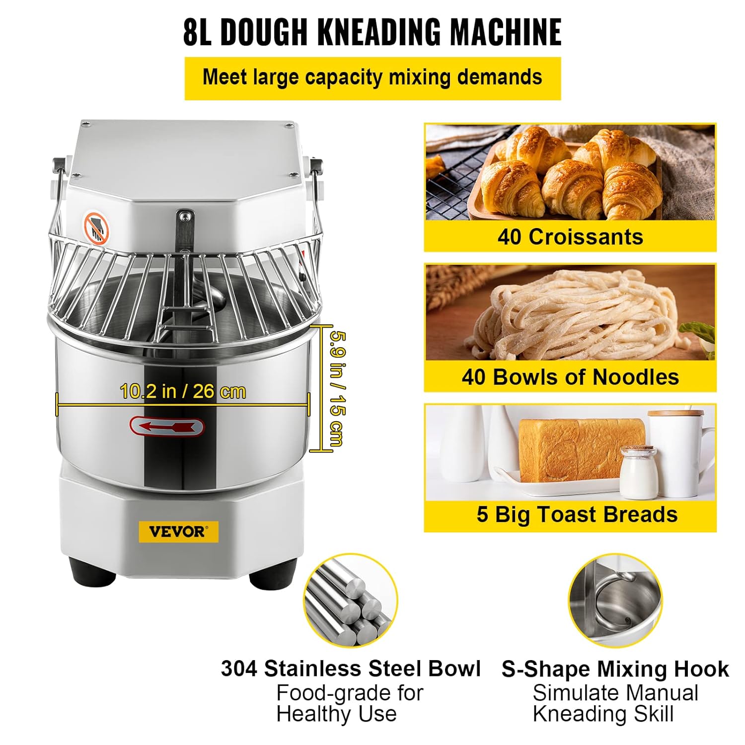 Commercial Food Mixer, 7.3Qt, 450W, Dough Kneading Machine with Stainless Steel Bowl U299760