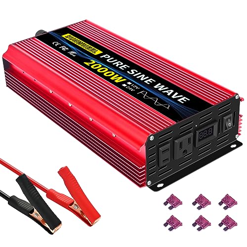 SUNWHEEL 1000 Watt Pure Sine Wave Power Inverter DC 12V to AC 110V 120V Peak Power 2000W Car Inverter with 2 AC Outlets LCD Display for Power Tools Home Vehicles RV Truck