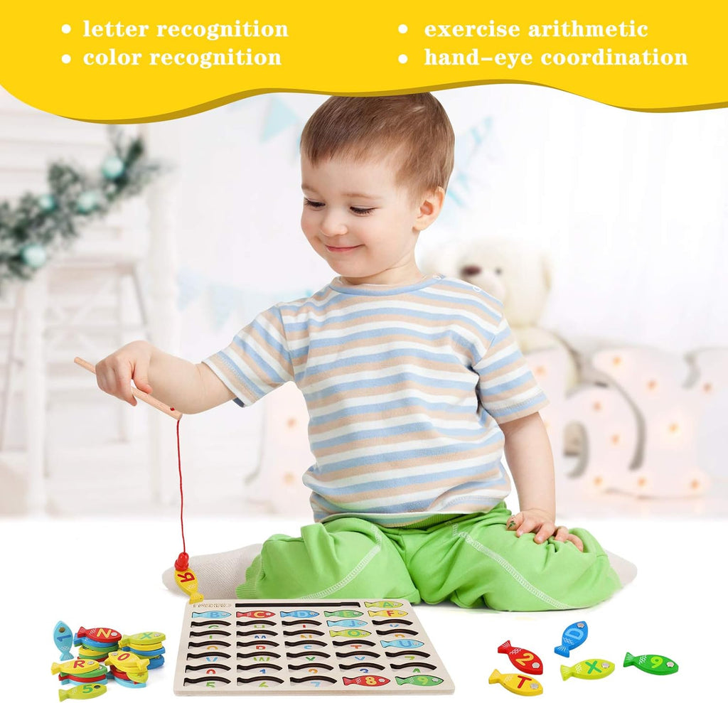 Magnetic Wooden Fishing Game Toy for Toddlers, Alphabet Counting Puzzle, Preschool Learning Educational Toys U8493