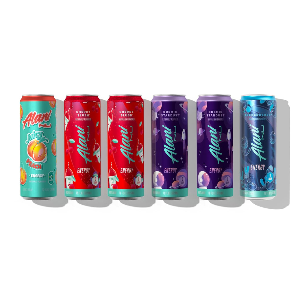 Alani Energy Drink Assorted Variety Pack 12 Fl Oz Cans (6 Pack), Low Calorie Energy Drinks, Sugar Free, 200mg Caffeine, Pre Workout Performance with Antioxidants, Biotin B Vitamins, Zero Sugar - Alani Nu Energy Drink JUICY PEACH, BREEZEBERRY, CHERRY