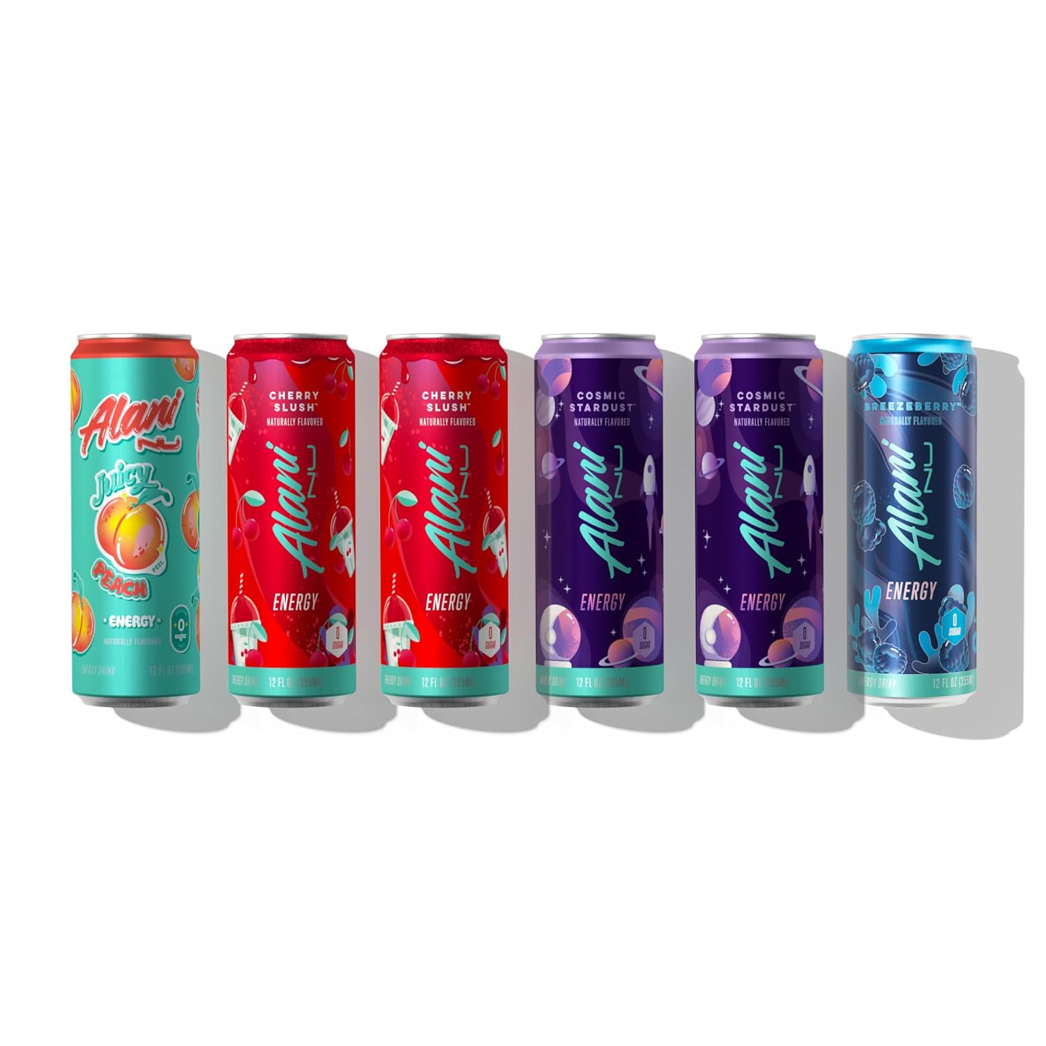 Alani Energy Drink Assorted Variety Pack 12 Fl Oz Cans (6 Pack), Low Calorie Energy Drinks, Sugar Free, 200mg Caffeine, Pre Workout Performance with Antioxidants, Biotin B Vitamins, Zero Sugar - Alani Nu Energy Drink JUICY PEACH, BREEZEBERRY, CHERRY