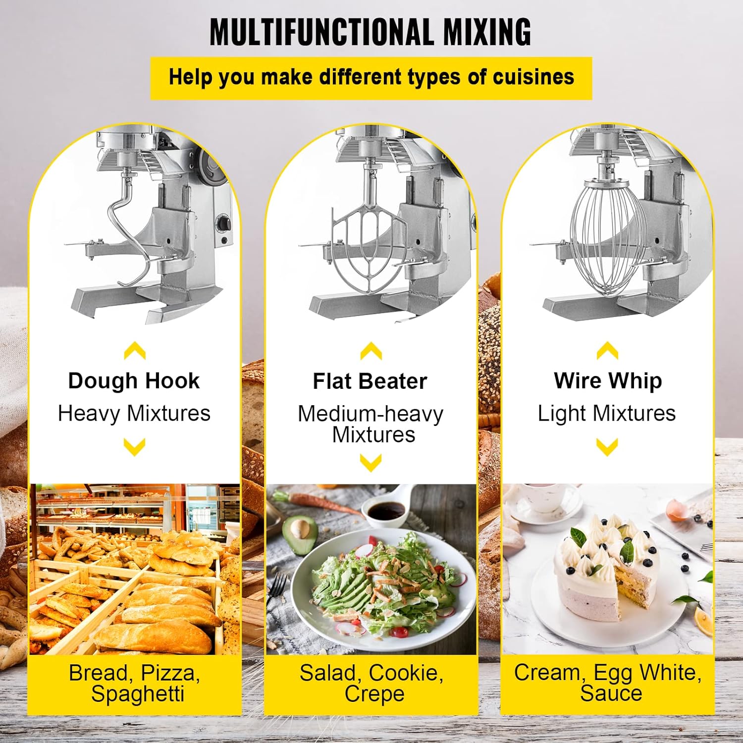 Commercial Food Mixer 10Qt Stainless Steel Bowl, 450W Stand Mixer with 3 Speeds F9570