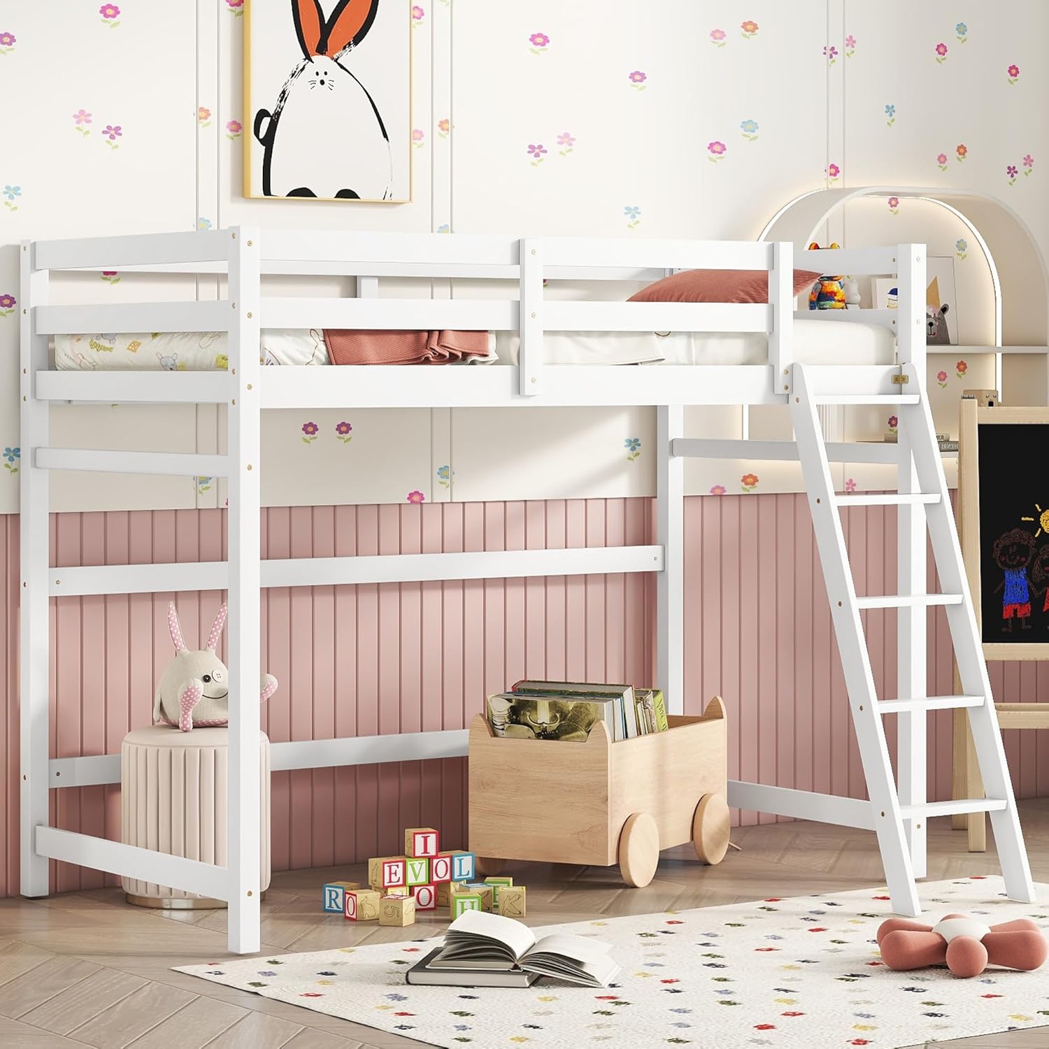 Twin Size High Loft Bed with Ladder Safety Guardrail,Wooden Loft Bed Frame for Kids/Teens,Space-Saving Design for Boys/Girls Bedroom,Easy Assemble,No Box Spring Needed,White