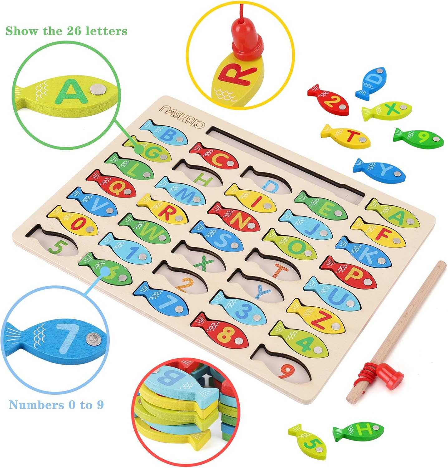 Magnetic Wooden Fishing Game Toy for Toddlers, Alphabet Counting Puzzle, Preschool Learning Educational Toys U8493