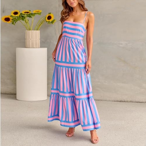 Women Y2k Boho Striped Maxi Dress Spaghetti Strap Flowy Long Sundress D65356