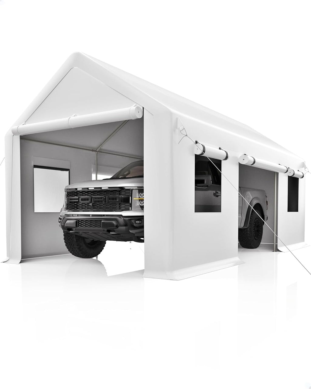 Carport 13'x20' Portable Garage, Heavy Duty Carport Canopy, Reinforced Steel Poles, 4 Roll-up Doors & 4 Windows, for Pickup, Boat, and Equipment, White