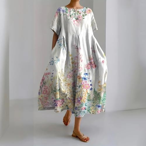 Boho Floral Maxi Dress Summer Casual Loose Long Dress with Pockets N544