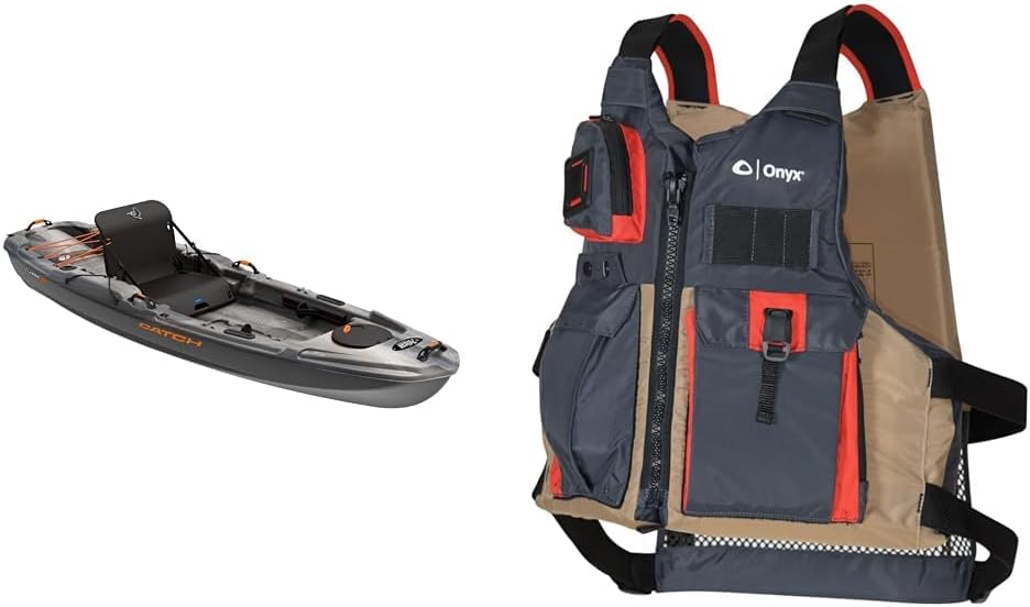 Pelican Catch Classic 100 Fishing Kayak - Angler Kayak with Lawnchair seat - 10 Ft. - Forest Mist & Onyx Kayak Fishing Life Jacket, Universal, Tan
