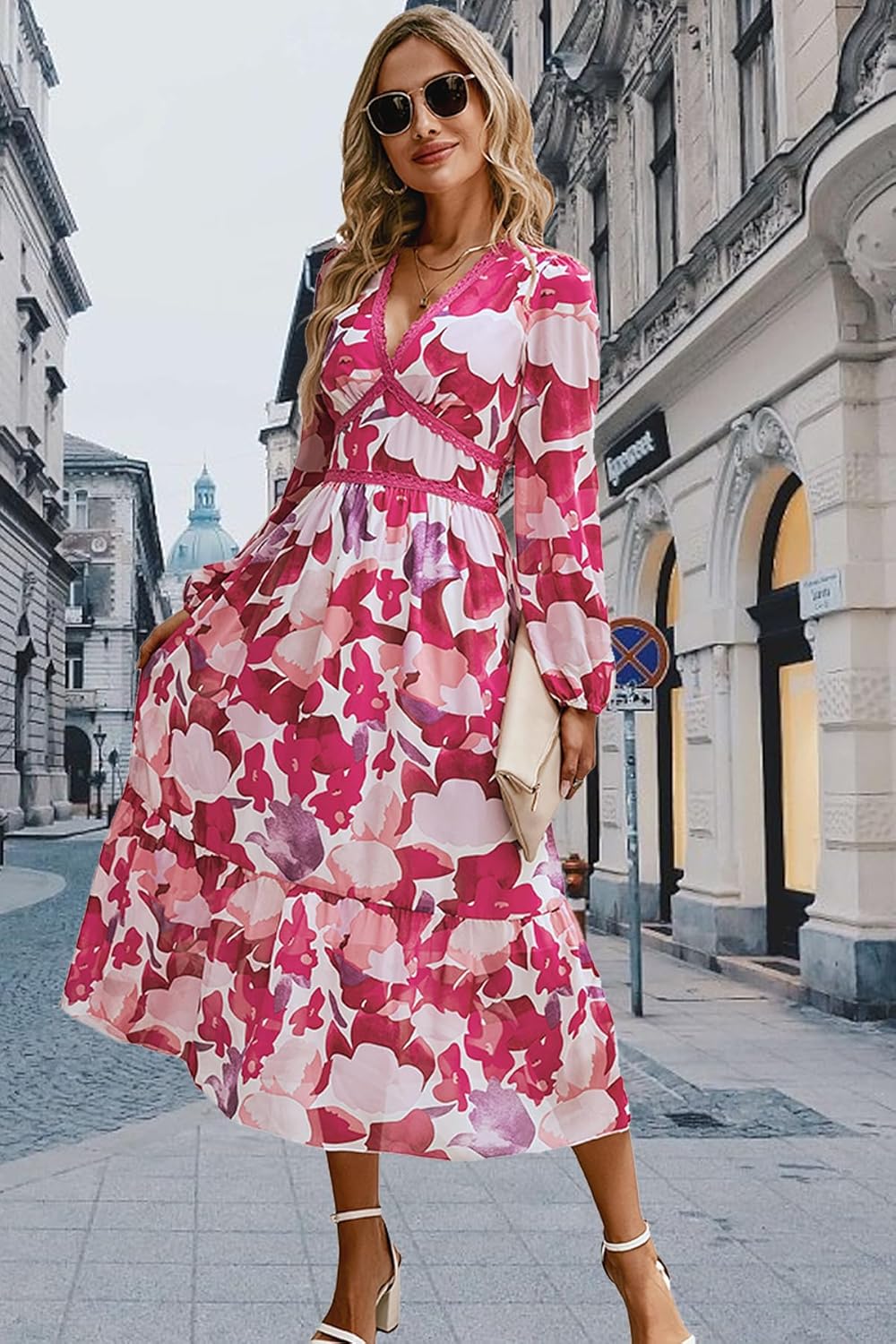 Women's V Neck Long Sleeve Wrap Maxi Dress F67381