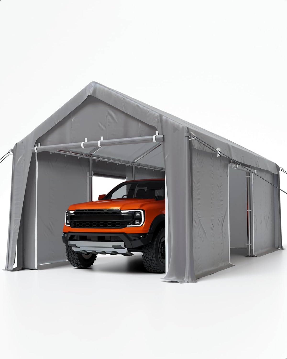 Carport 13'x20' Heavy Duty Portable Garage, 1.0 mm Steel Poles & 180 g PE Waterproof Canopy, with Front & Rear Doors and 2 Side Doors, for Pickup Truck, and Boat, Silver Gray