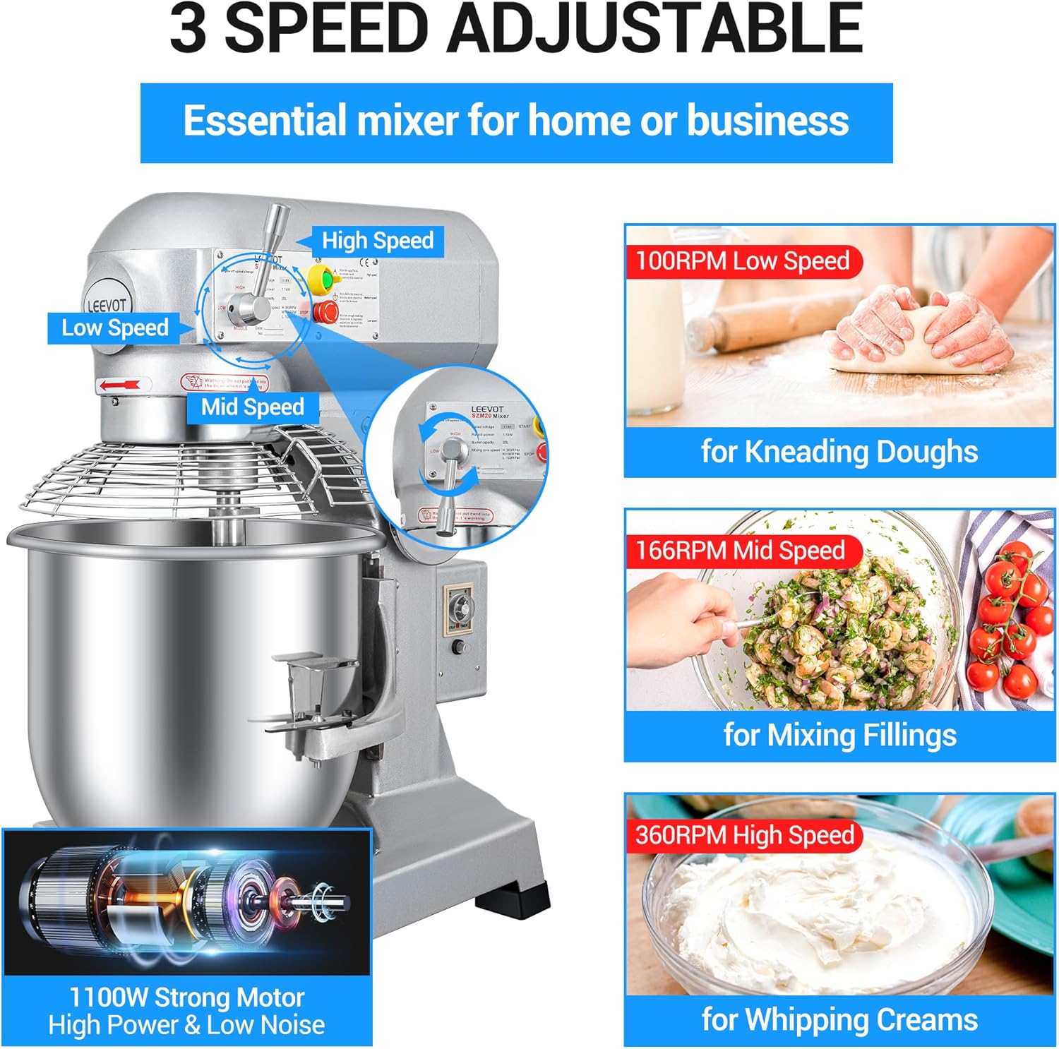 20Qt 1100W Commercial Food Mixer with Stainless Steel Bowl A9106