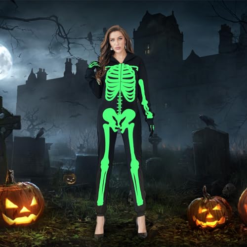 Glow in the Dark Skeleton Onesie Bodysuit with Gloves, Adult Halloween Pajamas Jumpsuit, Black XL I8809