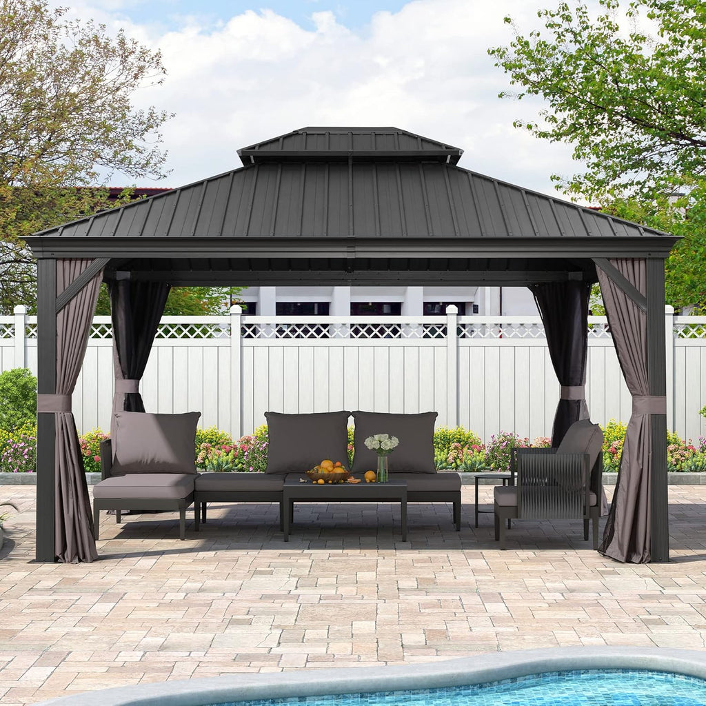 PURPLE LEAF 12' X 14' Hardtop Gazebo Aluminum Permanent Outdoor Gazebo with Galvanized Steel Double Roof for Patio Backyard Curtains and Netting Included Grey