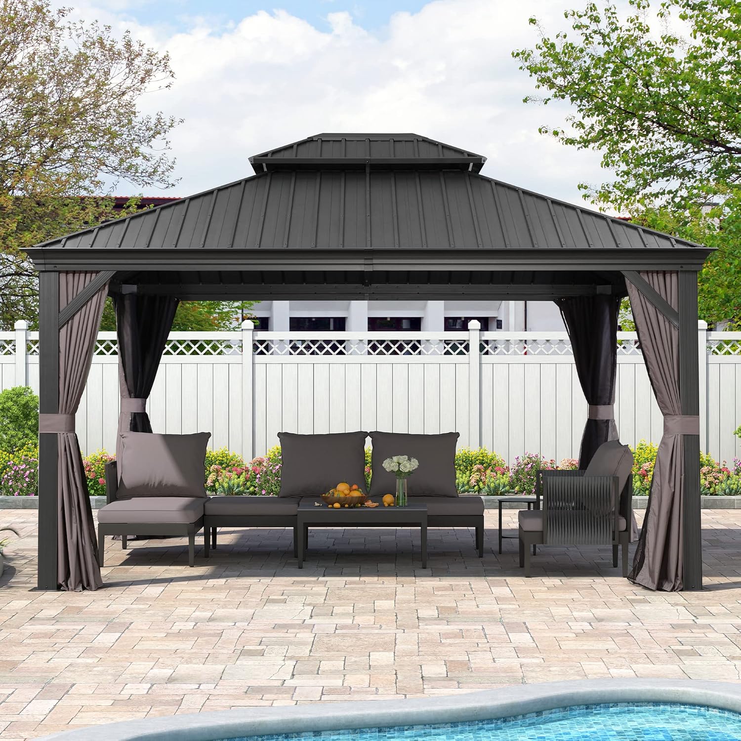 PURPLE LEAF 12' X 14' Hardtop Gazebo Aluminum Permanent Outdoor Gazebo with Galvanized Steel Double Roof for Patio Backyard Curtains and Netting Included Grey