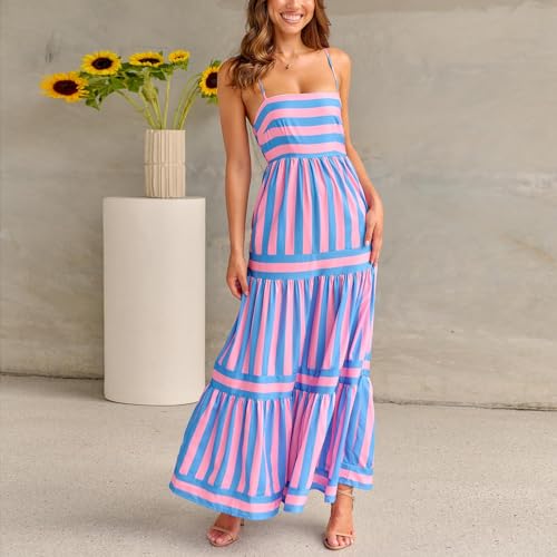Women Y2k Boho Striped Maxi Dress Spaghetti Strap Flowy Long Sundress D65356