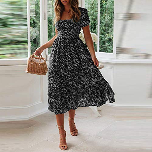 Flowy Short Sleeve Boho Floral Print Tiered Long Dress R815